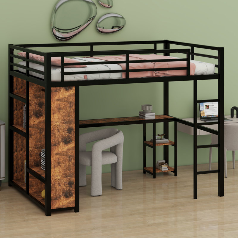 Metal Loft Bed Frame With Built-In Wardrobe, Desk And Storage Shelves, Black/Woodgrain