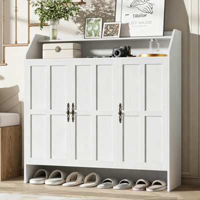 47'' Tall Farmhouse Shoe Cabinet with 3 Doors, Shoe Storage Cabinet for Entryway with Adjustable Shelves, Shoe Rack Cabinet with Open Storage Rack for Hallway, Living Room (White)
