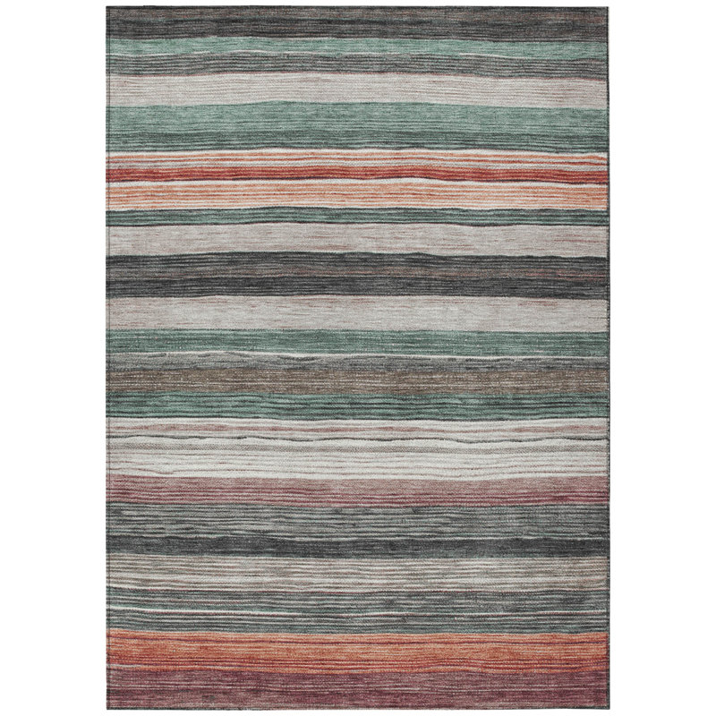 5' X 8' Pale Aqua Striped Washable Indoor Outdoor Area Rug