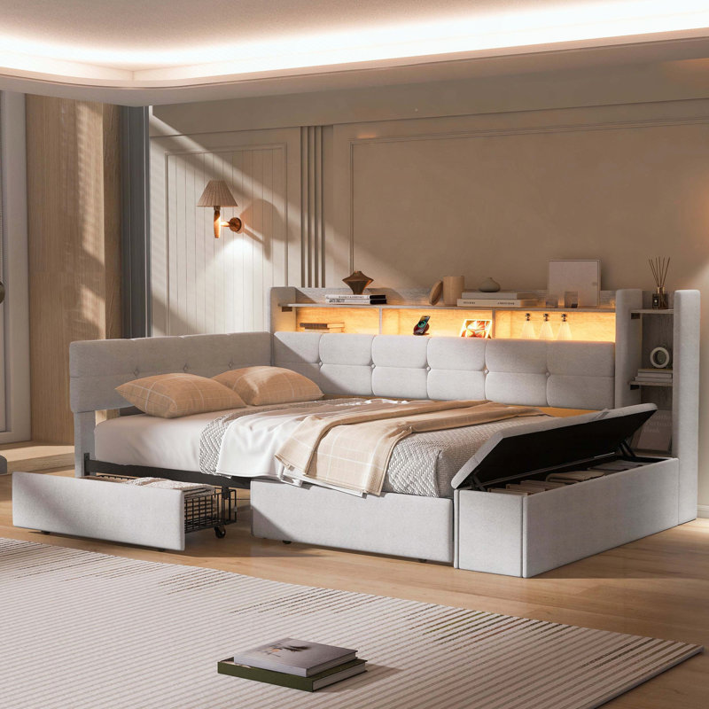 Lit de jour simple rembourré avec rangement et chargement USB, Lit simple, Beige