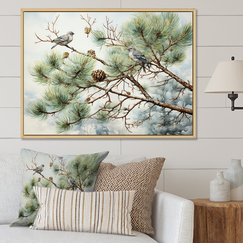 Oiseau sur pin I - Art mural pin, H 16 po x l 32 po x P 1 po, Cadre flottant érable