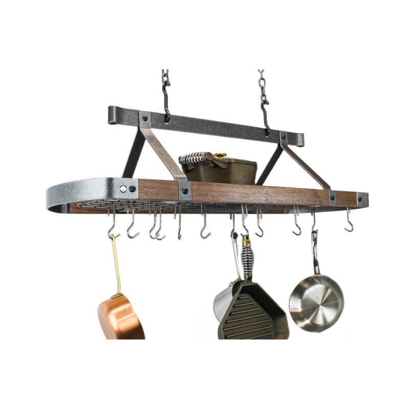 Signature 45" Oval Ceiling Pot Rack Hammered Steel w Walnut & 18 Hooks
