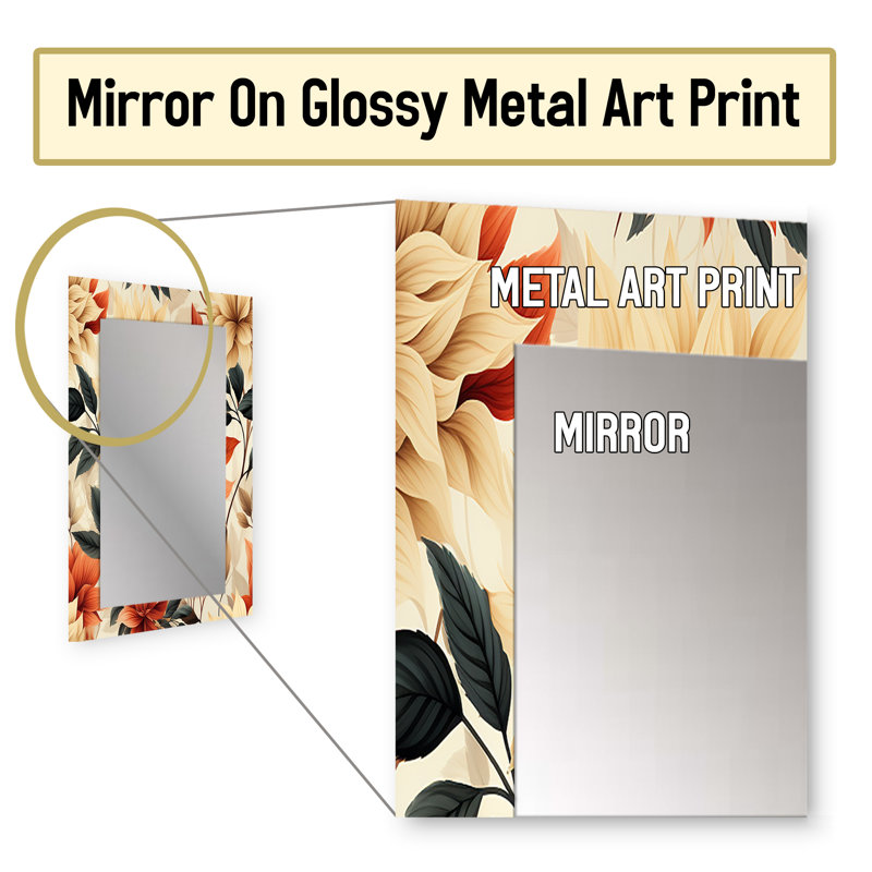 Agatia, fleurs d'automne beige et rouge - miroir mural décoratif rétro, grand miroir rétro, impression d'art en métal