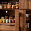 Armoire de cuisine autoportante avec support pour micro-ondes, tablettes latérales multicouches, tiroirs, portes en verre, solution de rangement tout-en-un.