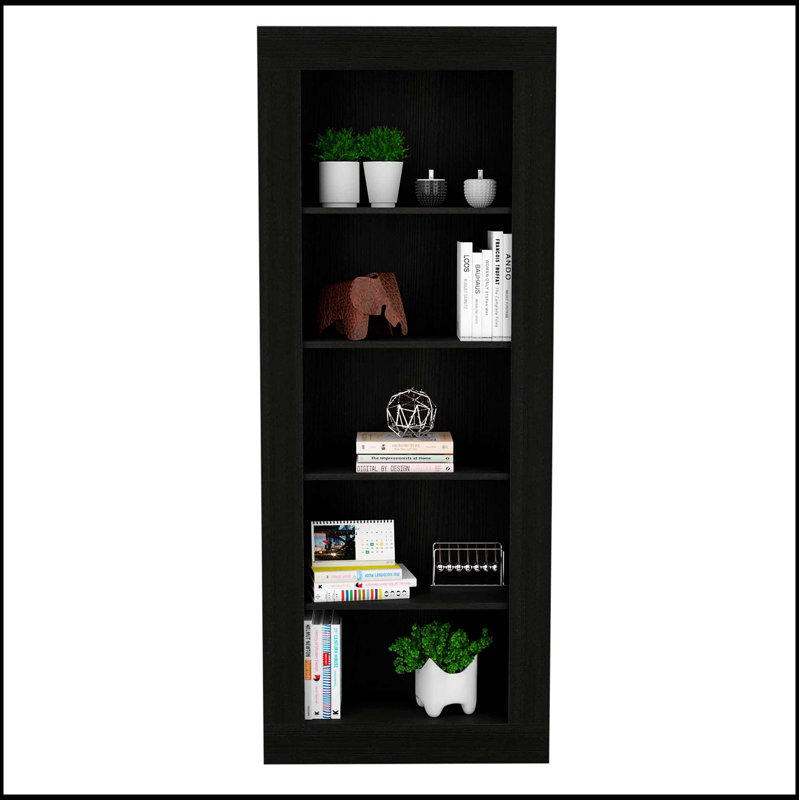 Bibliothèque Brighton à 5 tablettes avec tablettes ouvertes spacieuses et finition noire élégante, parfaite pour les solutions de rangement modernes.
