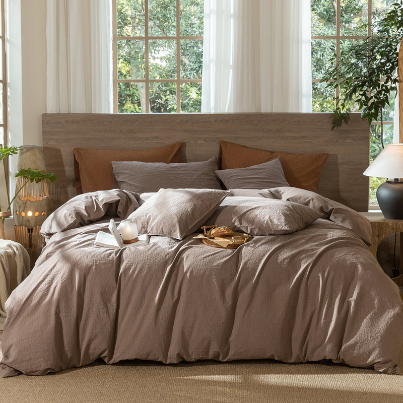 Ensemble de housse de couette à rayures ondulées 100% coton lavé MooMee, Housse de couette grand et 2 taies décoratives, Brun