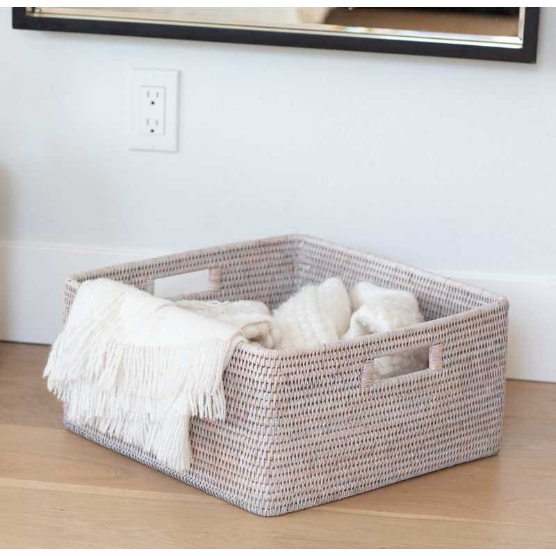 Hand-Woven Rattan Rectangular Basket with Handles, White Wash