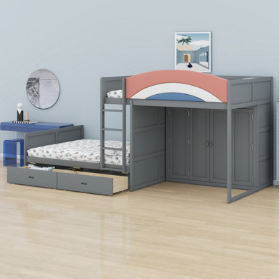 Upholstered Guardrail Offset Bunk Bed Frame with Wardrobe, Hanging Rod & Large Storage Drawers