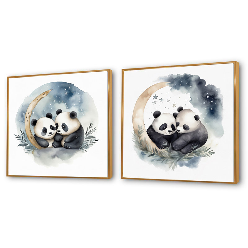 Ensemble de 2 aquarelles - Pandas, Cadre flottant doré, H 30 po x l 61 po