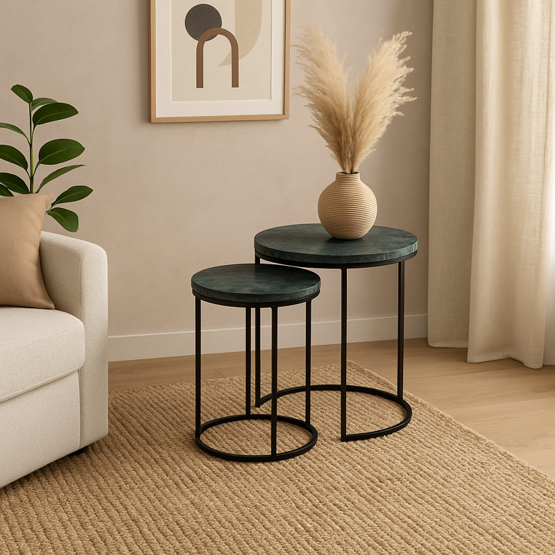 Tables gigognes | Table basse gigogne en marbre vert avec structure en métal, Vert, Black