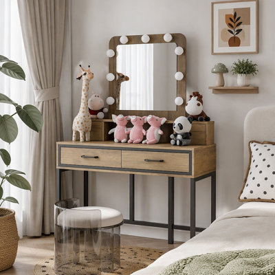 Vanity Desk with Mirror and Lights, Makeup Vanity Desk with 3 Color Dimmable Lighted Hollywood Mirror, Brown Makeup Table with 4 Drawers, Large Dressi
