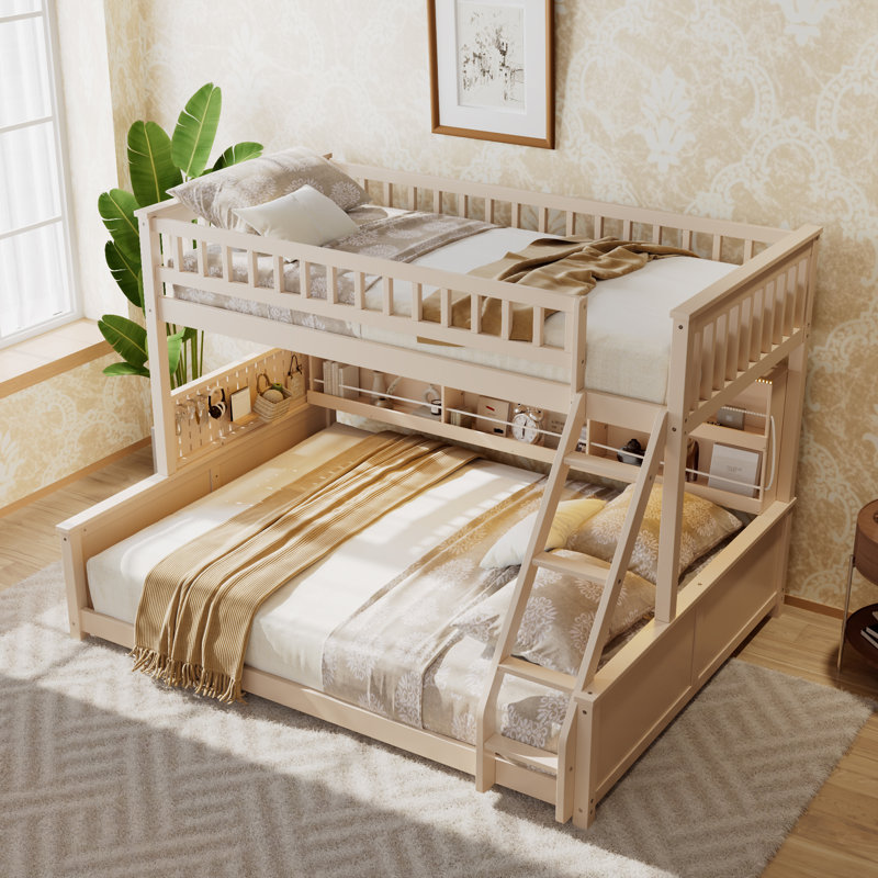 Twin XL Over Queen Bunk Bed With Integrated Shelving, Color-Changing Lights And Pegboard, Beige, Beige, Twin XL over Queen