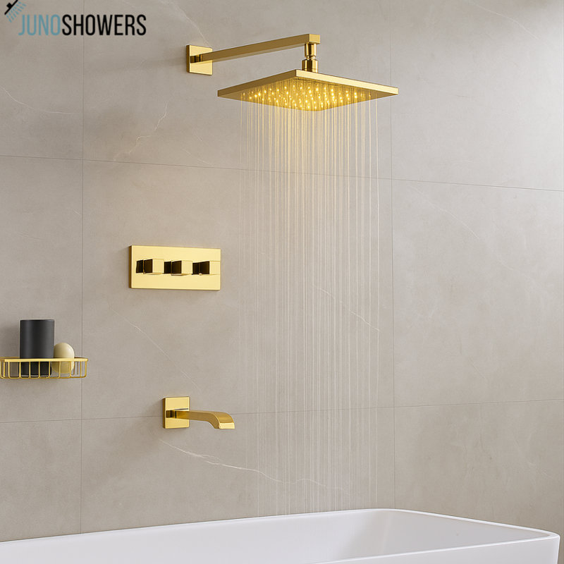 Juno 12"Gold Ceiling Mount Square LED Shower Head - Shower Diverter Wall Faucet, Gold