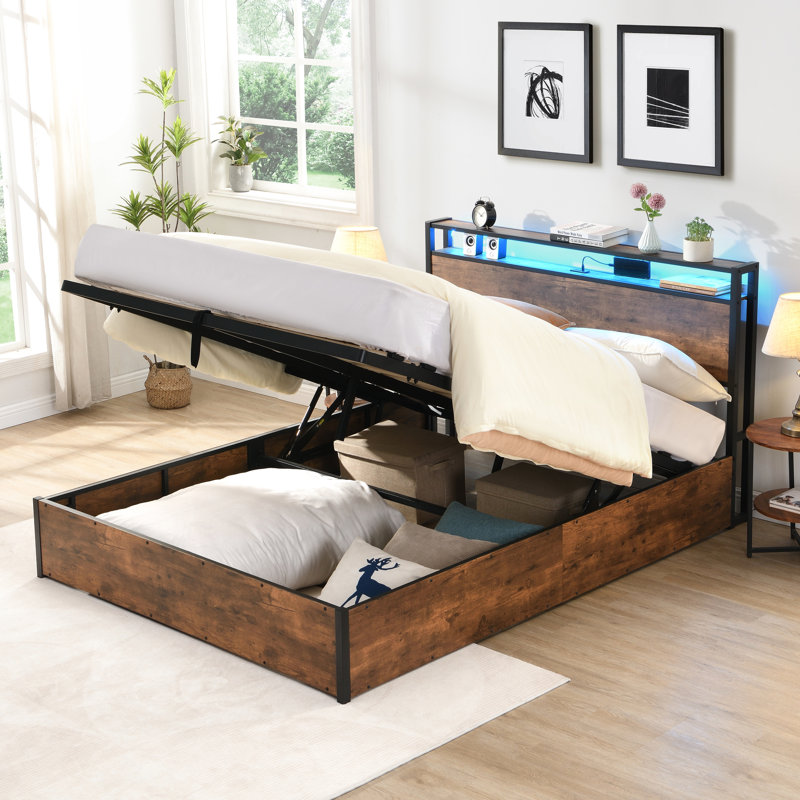 Cadre de lit rustique brun avec compartiment de rangement, tête de lit bibliothèque et éclairage à DEL, tête de lit, surface chauffante