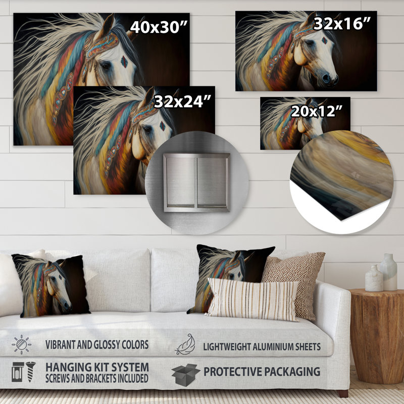 Décoration murale moderne colorée en métal «Native American Horse V», H 12 po x l 20 po x P 1 po