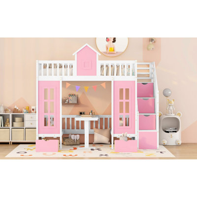 Lit superposé Twintwin avec bureau modulable - rose, solide et attrayant