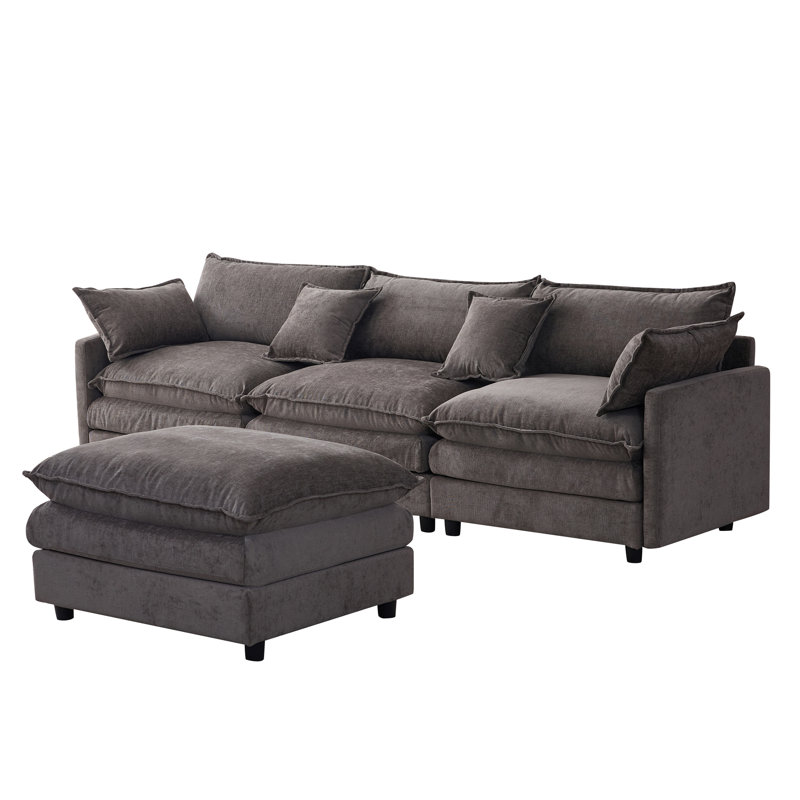 105" Modular Sectional Couch,Upholstered Soft Chenille Fabric Sofa,3 Seater With Ottoman L Shape Sofa Grey, Gray Chenille