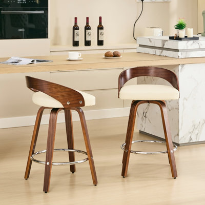 2 tabourets de bar de style Mid-Century moderne, assise de 25 pouces de hauteur, revêtement beige, bois de finition noyer, 2 pieds modernes et coussins de 25 po, bien faits
