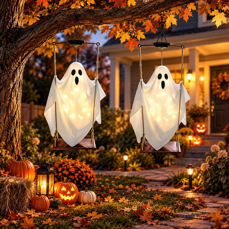 Balançoire solaire fantôme, lot de 2 décorations d'Halloween d'extérieur à DEL
