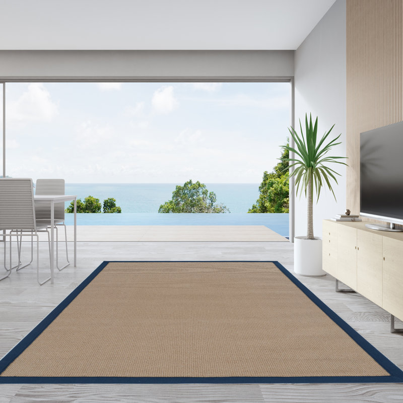 Nannette Handmade Dark Beige Berber with Navy Blue Cotton Border Made in the USA Area Rug, Rectangle 9'10" x 13'