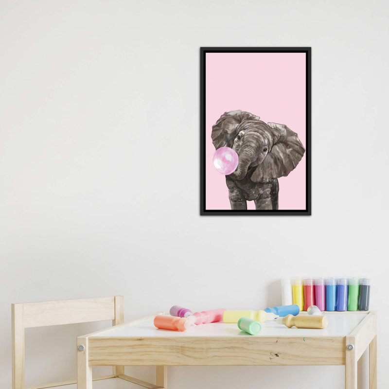 Art d’éléphant de gomme à bulles, H 40 po x l 26 po x P 1,5 po, Toile avec cadre noir