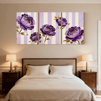 Plantes et fleurs fleurs mauves avec feuilles dorées sur fond rayé, ensemble de 3 impressions d'art sur toile