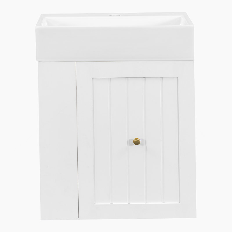 Meuble-lavabo de 20 pouces avec lavabo en céramique, armoire de rangement en panneau de fibres à densité moyenne avec tiroir, tablette latérale et poignée argentée - meuble-lavabo moderne pour les petites salles de bain