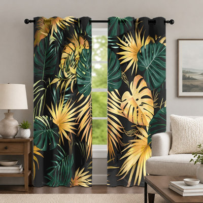 2Pcs Tropical Palm Leaves Curtains, Botanical Theme Drape, Exotic Green and Gold Foliage Printed Art Grommet Drapes, Window Treatment for Bedroom Living Room Decor