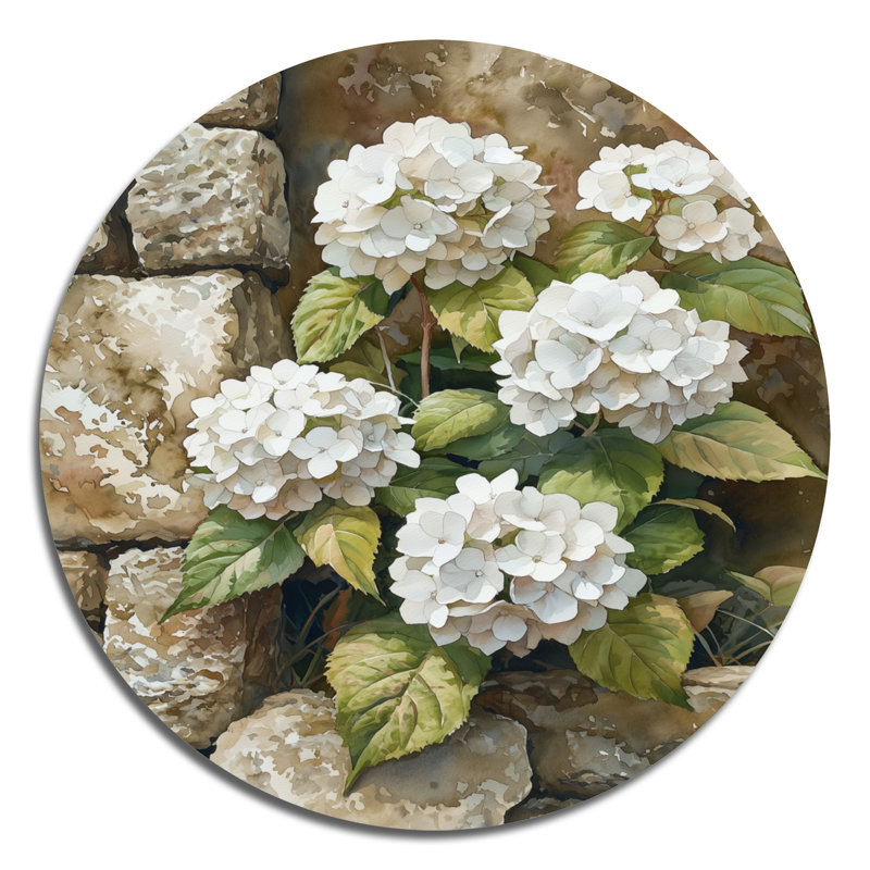 «Hydrangeas By The Stone Wall», reproduction d'art en métal blanc traditionnel, Hydrangea, art mural rond en métal