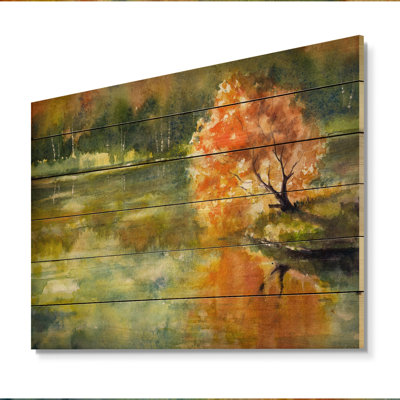 Autumn Lake And Orange Leaves II - Lake House Green Print