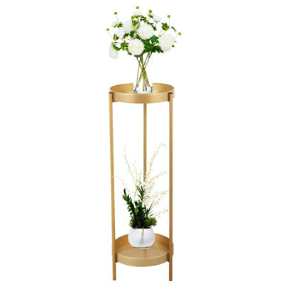 Modern Folding Metal 2-Tier Plant Stand Potted Plant Holder Shelf With 2 Round Trays Indoor Outdoor