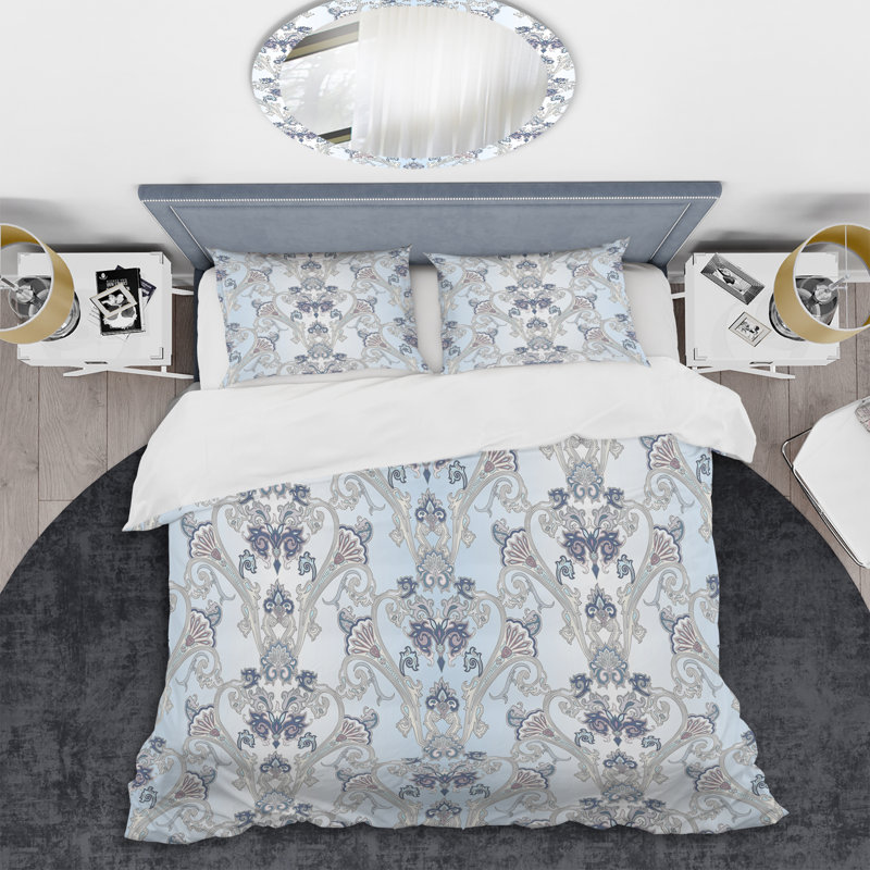 Damas bleu et gris - ensemble de housse de couette abstrait - microfibre de polyester