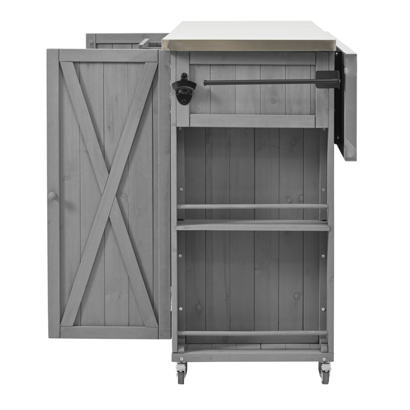 Grey Fir Wood Outdoor Kitchen Island - Stainless Steel Foldable Top, Storage, Towel/spice Racks & Bottle Opener