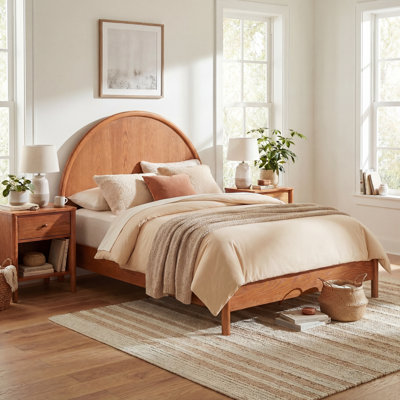 Modern Scandinavian Platform Bed with Curved Headboard, No Box Spring Needed