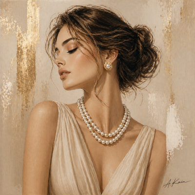 «Glam Fashion Portrait», art mural sur toile, perle neutre, peinture sur toile tendue moderne GT15432