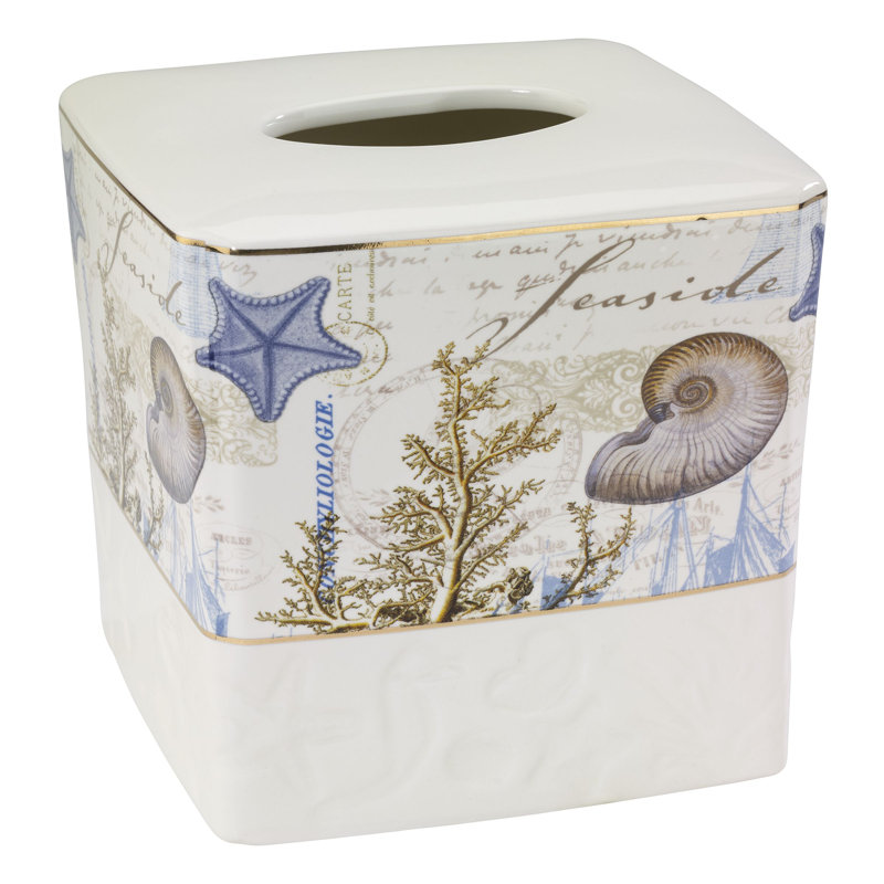 Antigua Coastal Ceramic Tissue Box Cover with Gold Trim