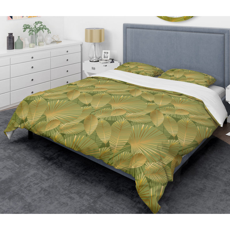 Ensemble de housse de couette Golden Leaves I - Glam Abstract - Microfibre de polyester, Housse simple + 1 taie décorative