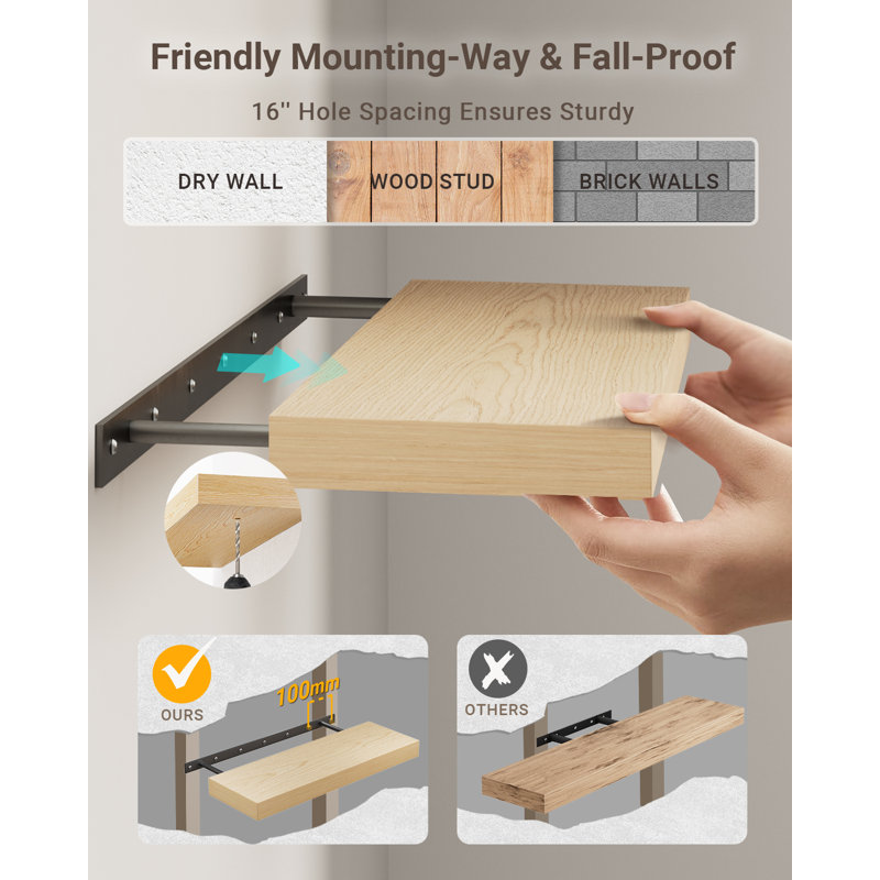 Friesen 2 Piece Painted Wood Floating Shelves, Bathroom Wall Shelves 2 Inches Thick, 2" H x 36" W x 8" D, Oak Wood