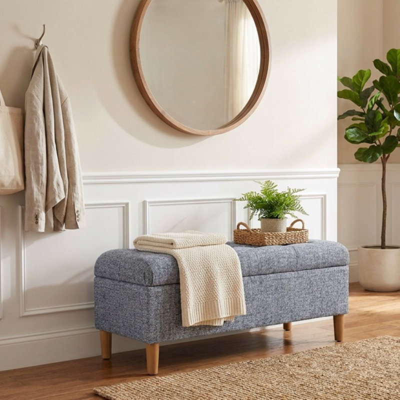 Banc de rangement à couvercle rabattable rembourré, Blue Gray Woven