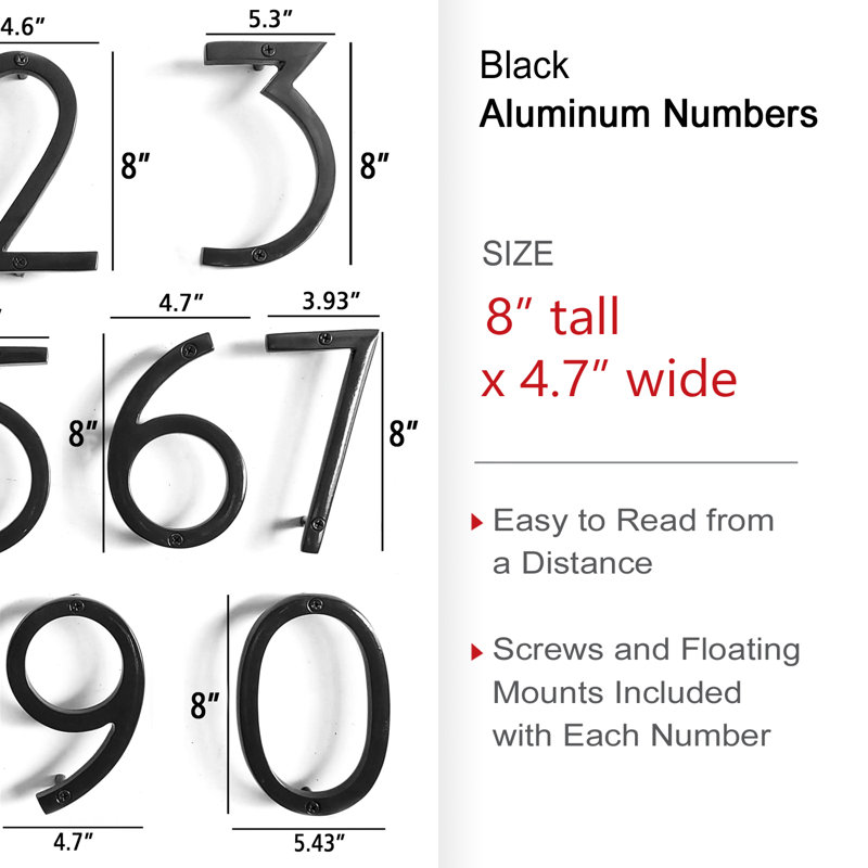 Numéro de maison en métal flottant, 6, 8", Noir