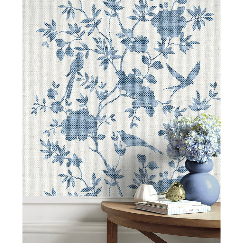 Floral Grass Cloth Wallpaper Roll, Lapis