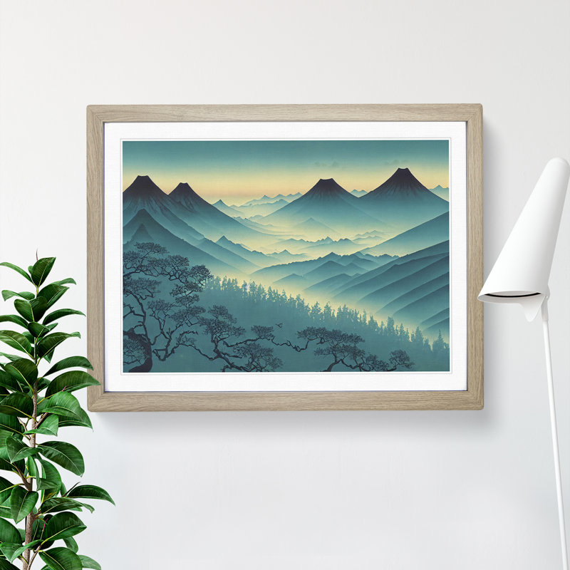 Japanese Forest Mountains - Single Picture Frame Print, 34cm H x 46cm W x 2cm D, Oak