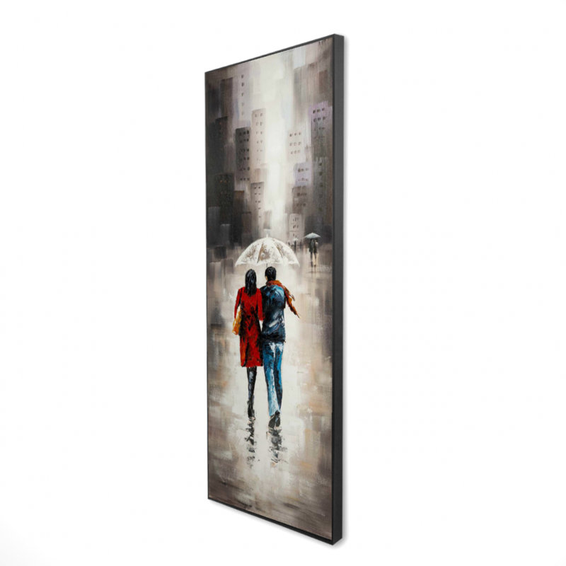 «Quiet Walk in Couple in the Rain» - Toile encadrée beige avec bureau