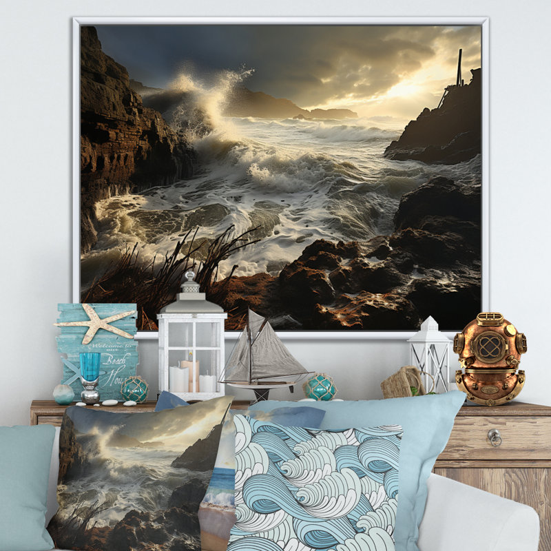 Aliyaan Beach Storm Symphony II sur impression sur toile, Cadre flottant blanc, H 34 po x l 44 po x P 1,5 po