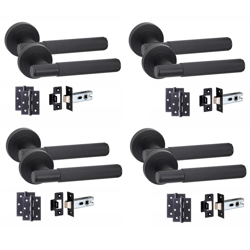  4 Set Linear T-Bar Door Handles with Matt Black Finish with Latch and Ball Bearing Hinges
