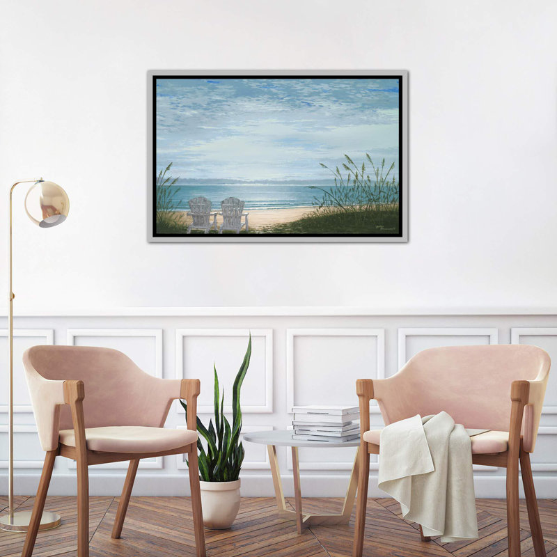 «Beach Chairs» par Bruce Nawrocke - reproduction d'art, H 32 po x l 48 po x P 1,5 po, Toile avec cadre argenté