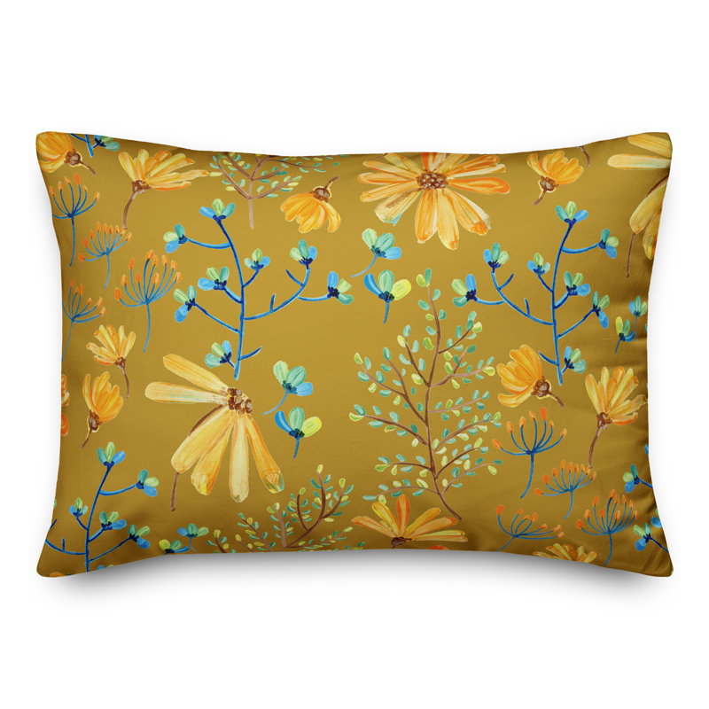  Coussin décoratif floral intérieur / extérieur en polyester, Jaune, H 18 po x l 25 po