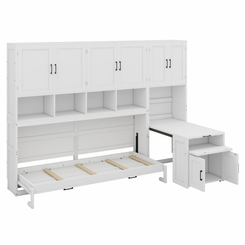 Lit escamotable mural avec placard, tiroirs et bureau Murphy, Blanc