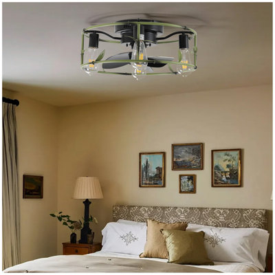 Ventilateur de plafond industriel vert 19 po avec éclairage - Cage encastrée avec télécommande, ventilateur de plafond rustique à 3 lumières, moteur à courant continu réversible silencieux à 6 vitesses pour chambre à coucher, salon (ampoule non 