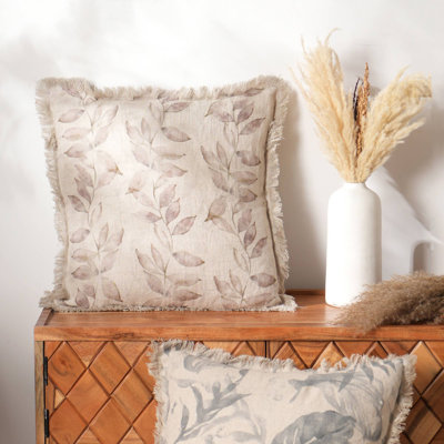 Throw Pillow | Linen Printed Pillow with Fringes | 18X18"